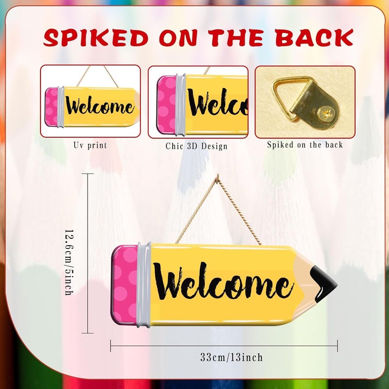 Demonwer Back to School Welcome Sign Cute School Pencil Wooden Hanging Decoration Welcome Back to School Door Hanger for Teacher Student Classroom Front Porch - Image 2